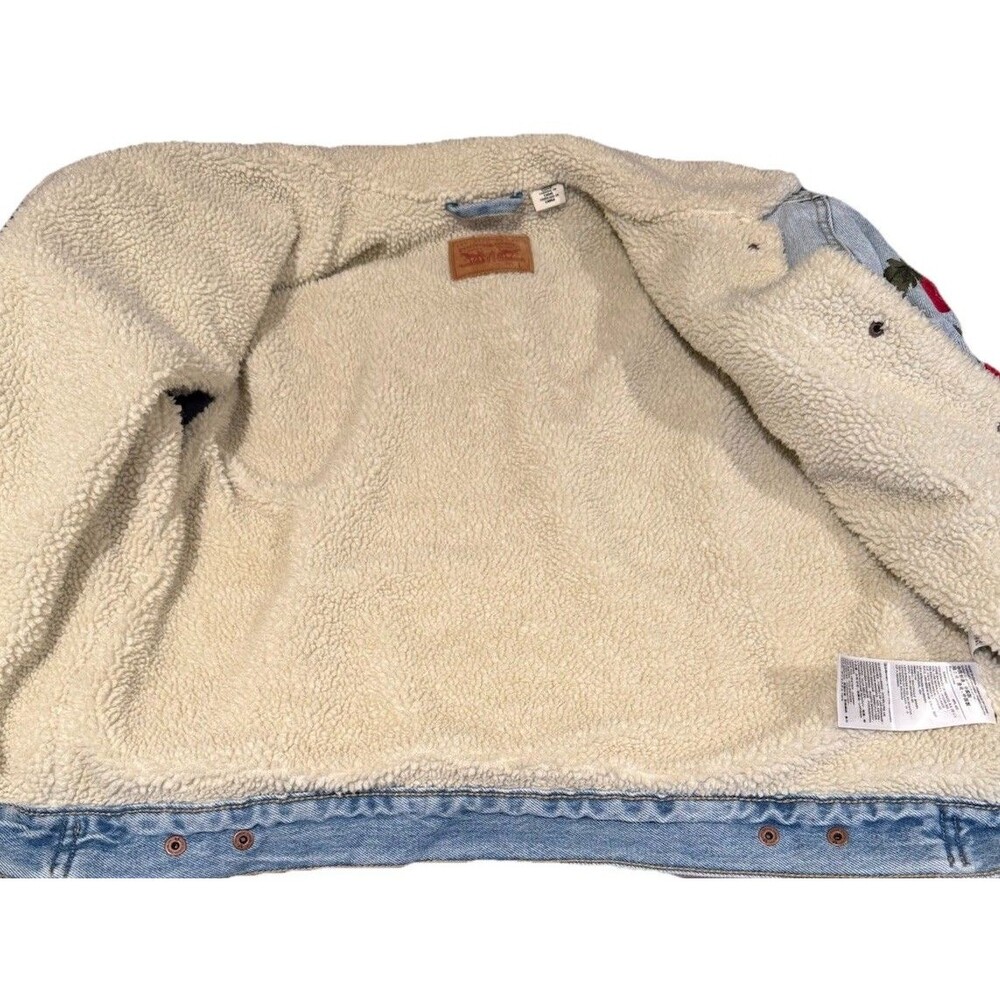 Levi’s Sherpa Lined Embroidered Denim Jacket  Blue 90s Trucker Rose size Large - Picture 6 of 8